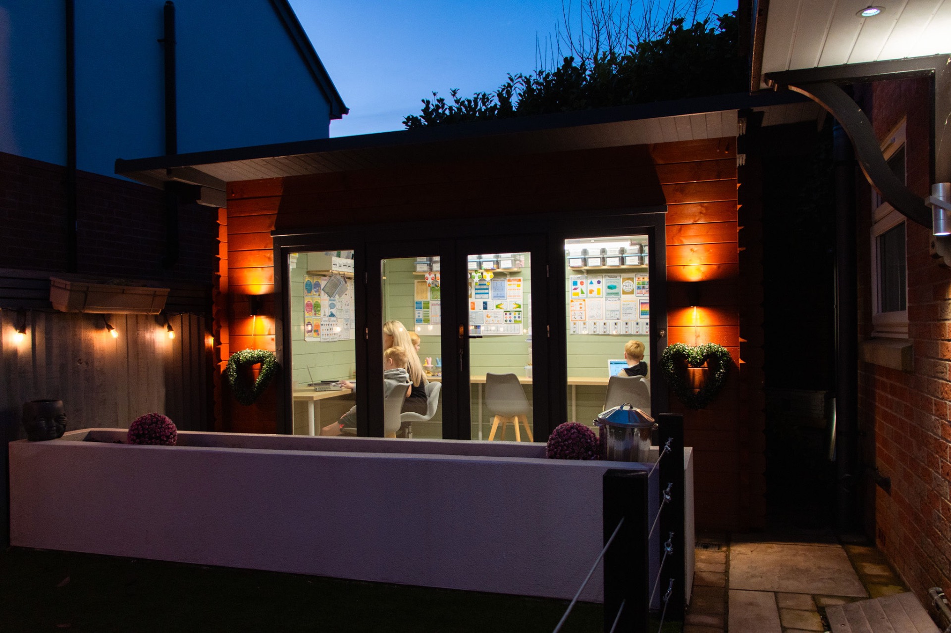 The teaching room at dusk with warm interior lighting